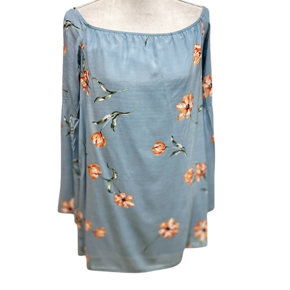 Tobi Light Blue & Orange floral bell sleeve a line mini dress size large